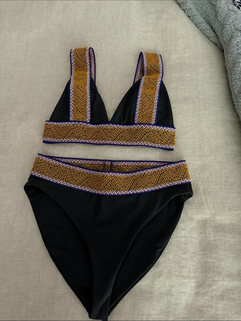 Navy Bikini Set with Gold Patterned Trim